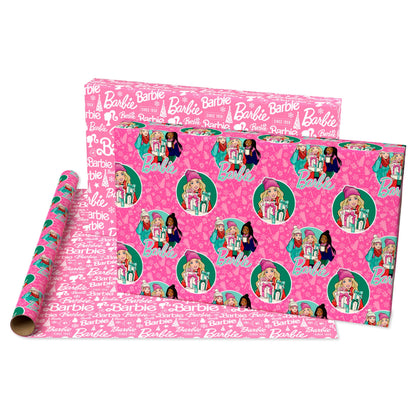 American Greetings Pink Christmas Wrapping Paper Roll for Kids, Barbie and Friends Holiday Gift Wrap (1 Reversible Roll, 75 sq. ft.) Barbie, Daisy, Brooklyn