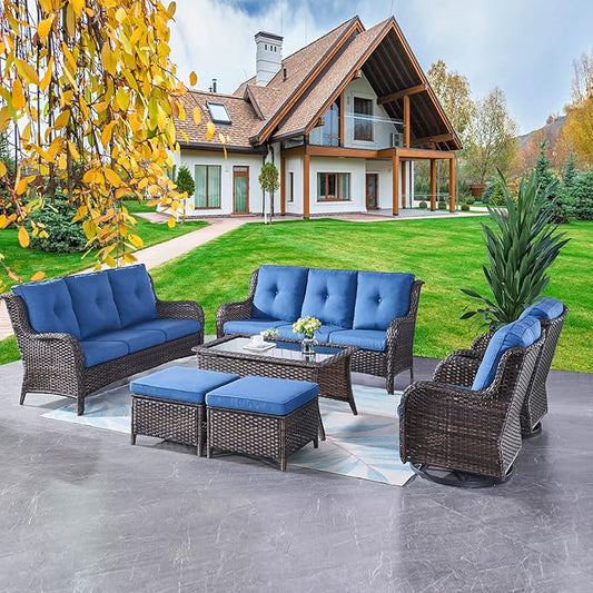 Rilyson Wicker Patio Furniture Set - 7 Piece Rattan Outdoor Sectional Conversation Sets with 2 Rocking Swivel Chairs,2 Ottomans,2 Sofa and 1 Coffee Table for Porch Deck Garden(Brown/Blue)