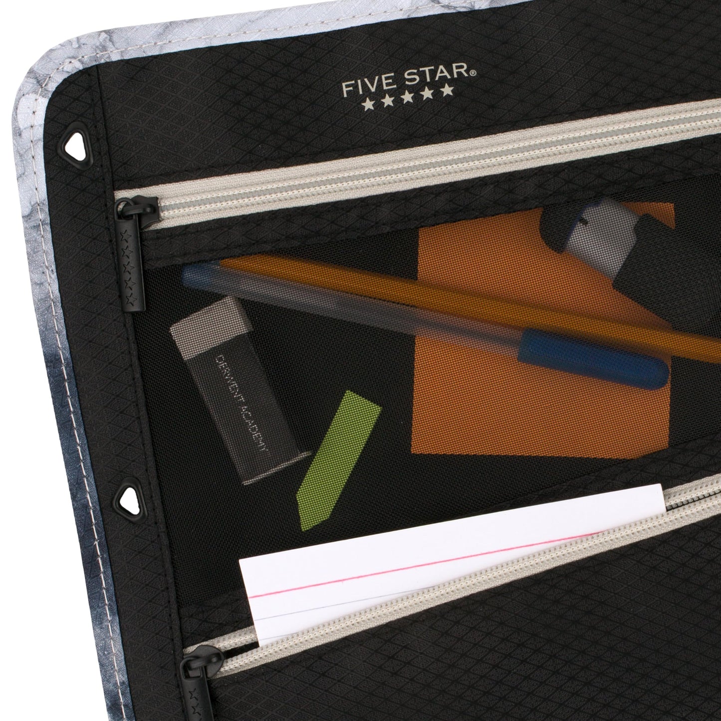 Five Star Pencil Pouch, Pen Case, 3-Pocket Zipper Pouch, Fits 3-Ring Binder, Storage Organizer for Classroom Supplies Earbuds Chargers Cables Makeup, Black/Grey (506420A-ECM)