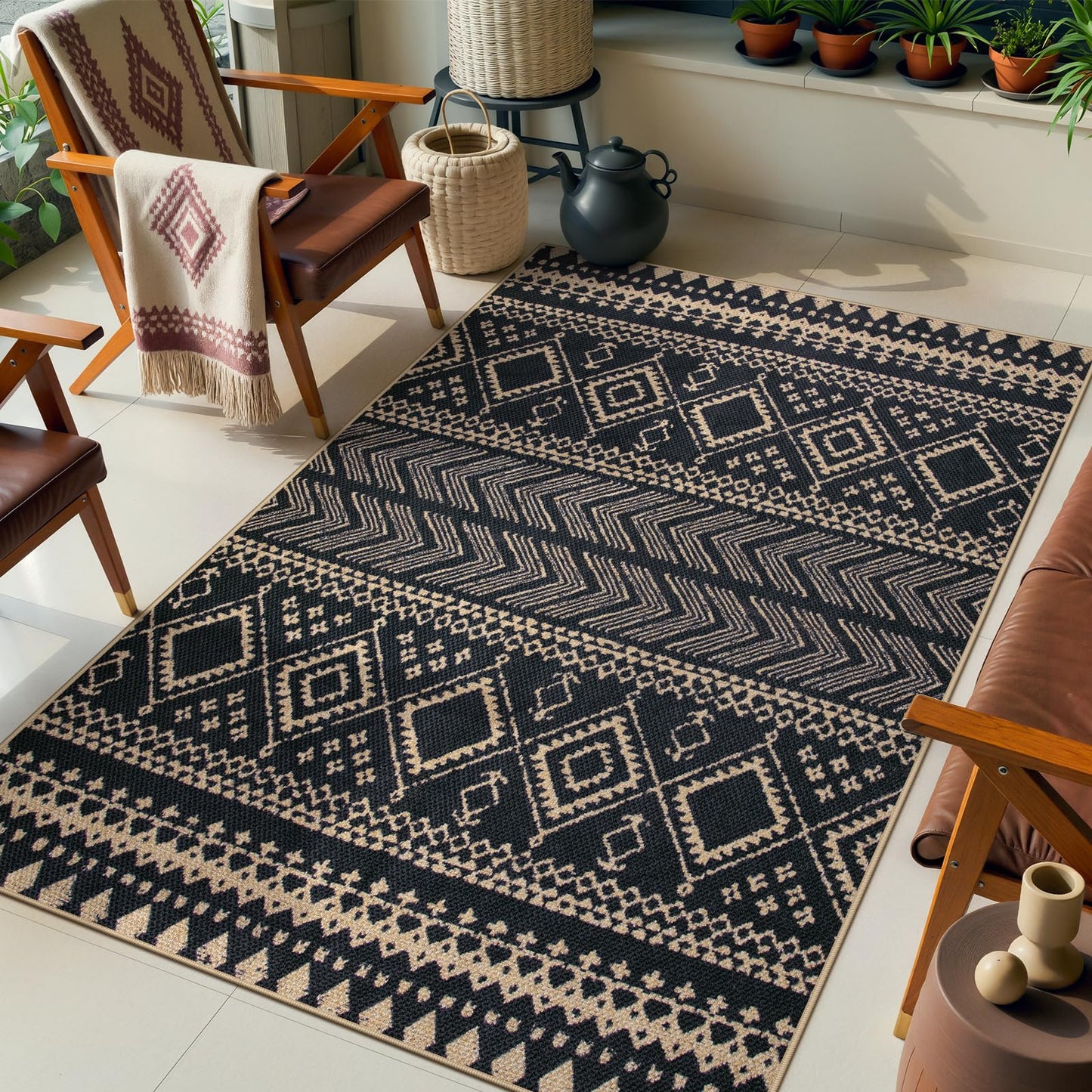 Lahome Easy Jute Boho Area Rugs for Entryway, Washable Rugs 3x5 for Kitchen, Small Non-Slip Indoor Outdoor Carpet, Western Geometric Print Front Door Carpet for Patio Balcony
