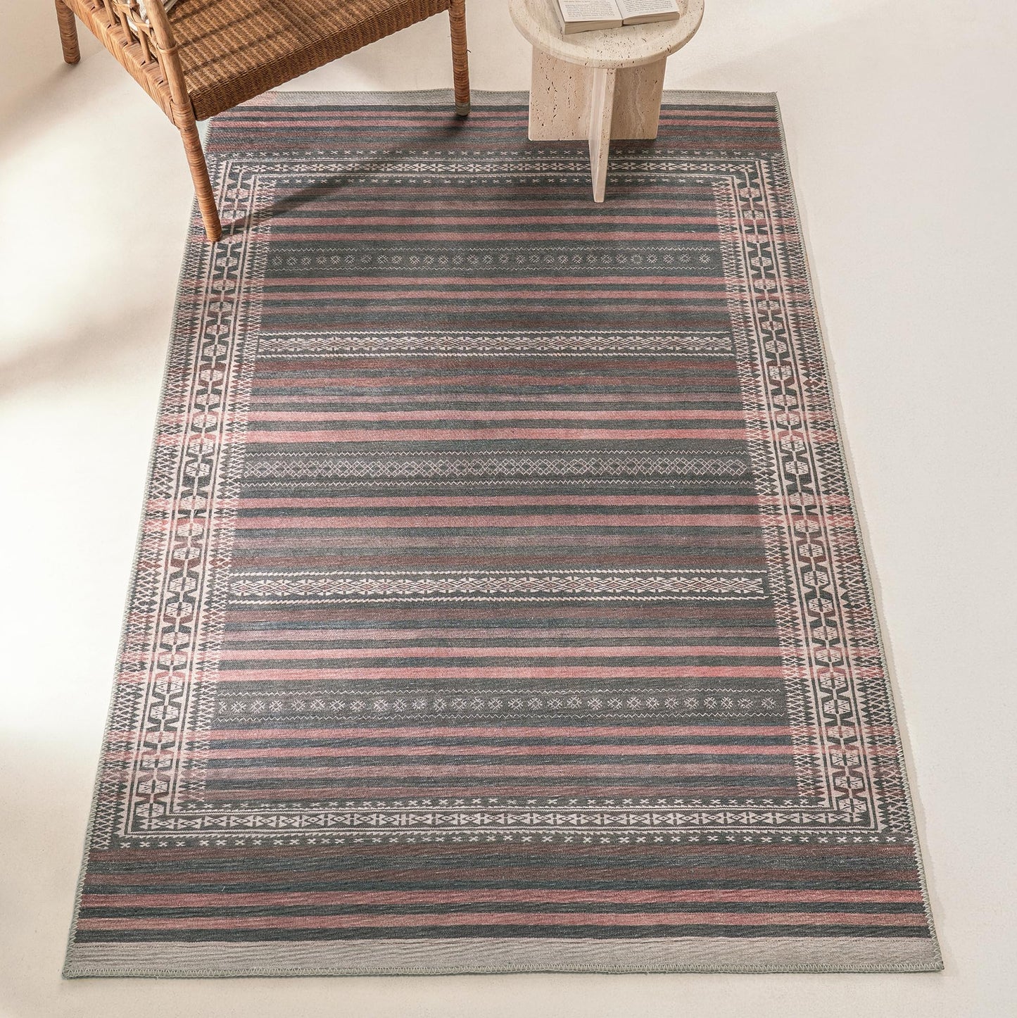 KNOTTING MATTERS Vibe Stripe 4’ x 6’ Area Rug – Sand, Charcoal & Clay Heritage Flatweave, Low-Pile – Easy Clean Accent Rug – Perfect for Entryway, Hallway, Kitchen, Bedroom – Pet & Kid Friendly