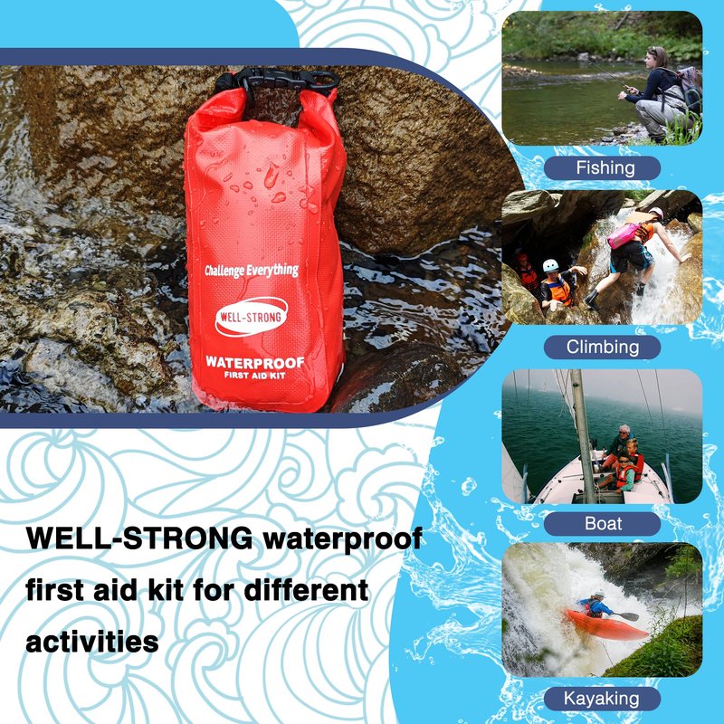WELL-STRONG Waterproof First Aid Kit Roll Top Boat Emergency Kit with Waterproof Contents for Fishing Kayaking Boating Swimming Camping Rafting Beach Red