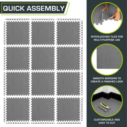 ProsourceFit Puzzle Exercise Mat ½ in, EVA Interlocking Foam Floor Tiles for Home Gym, Mat for Home Workout Equipment, Floor Padding for Kids, Black, 24 in x 24 in x ½ in, 24 Sq Ft - 6 Tiles