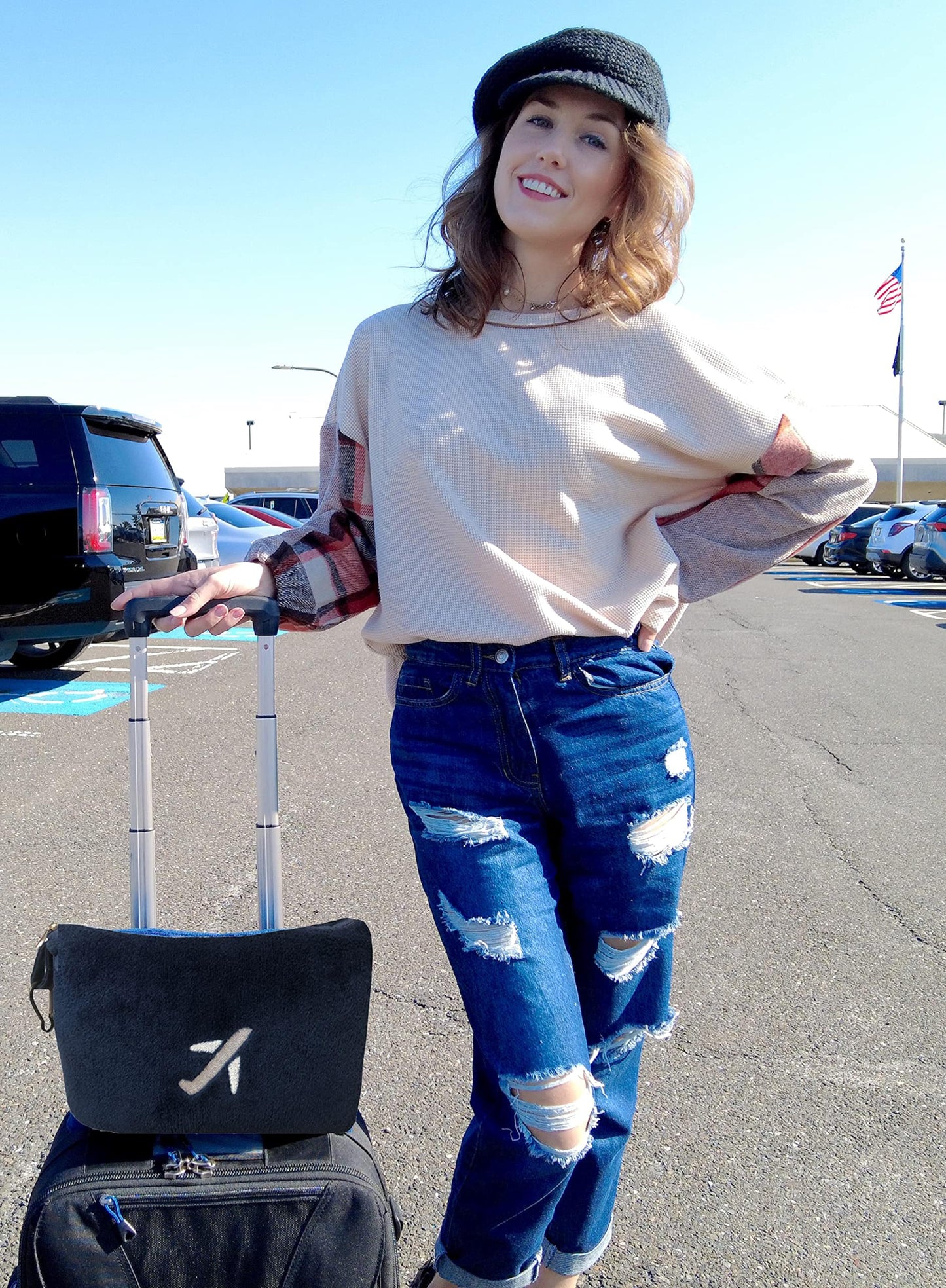 BlueHills Premium Soft Travel Blanket Pillow in Mini Soft Case Plush Airplane Blanket Compact Pack with Luggage Belt and Backpack Clip Long Flights Essentials Navy Blue M04