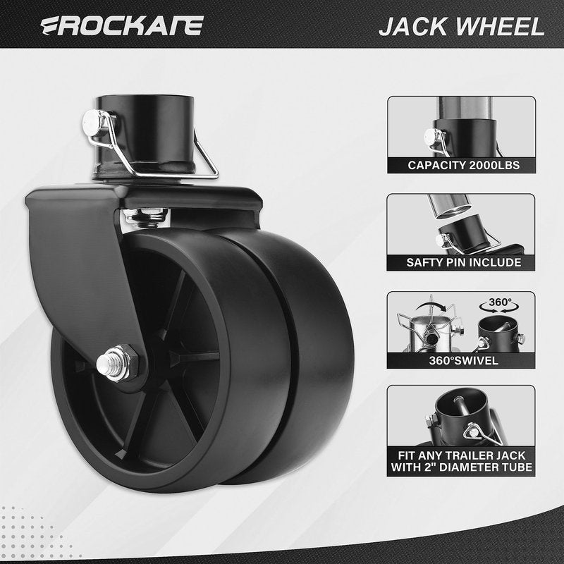 Rockane Dual 6'' Black Trailer Jack Swivel Caster Wheel Replacement, Heavy Duty 2000lbs Capacity with Pin for Soft Ground Roll, Fits Any Boat Hitch Camper RV- Black