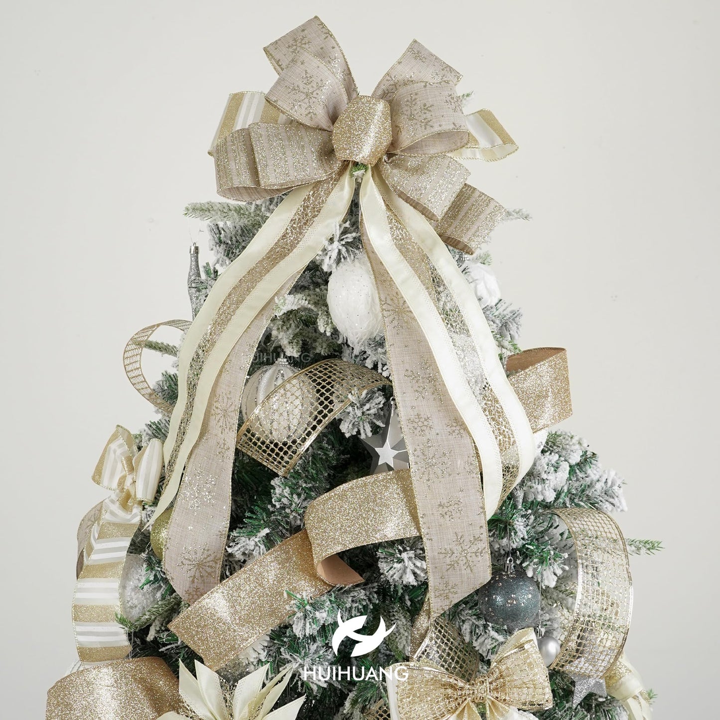 HUIHUANG Champagne Gold Christmas Ribbon Wired Champagne Glitter Christmas Tree Ribbons for X-mas Tree, Wreaths, Garlands, Home Decor, Wrapping (2.5" x 6 Rolls, 36 Yds Total)