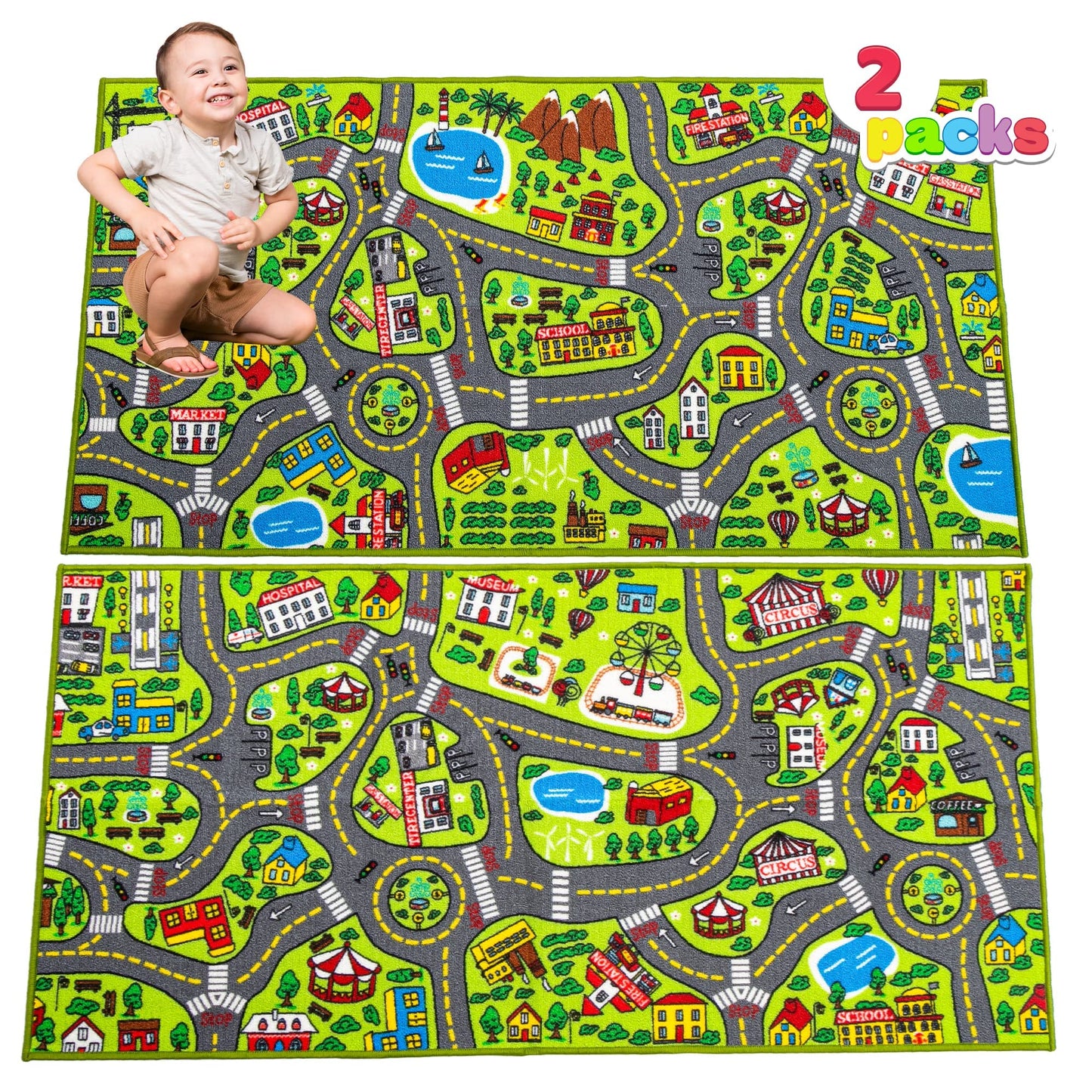 JOYIN 2 Pack Kids City Town Rug(150x80cm),Car Play Carpet,Road Rug for Toddlers,Pretend Play Gift for Kids,Educational Floor Mat for Bedroom & Playroom,Toy for Boys and Girls