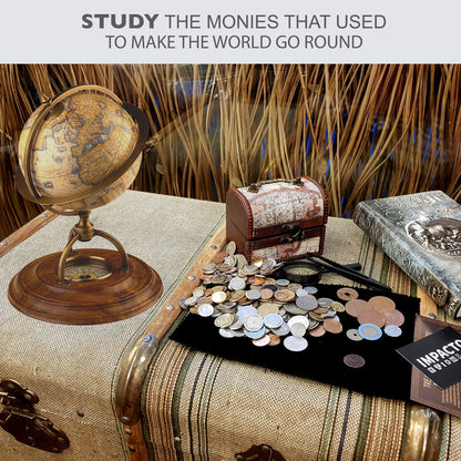 IMPACTO COLECCIONABLES Coin Collection - World Currency Treasure Chest with 2Lb. - Collectible Circulated Coins - 4.7 x 3.5 x 3.5 Decorative Wooden Box - Antique Coins for Collectors (COA Included)