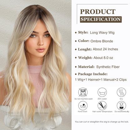Esmee Long Wavy Ombre Blonde Wigs for Women Natuaral Synthetic Hair Heat Resistant Wig for Daily Party Cosplay Use