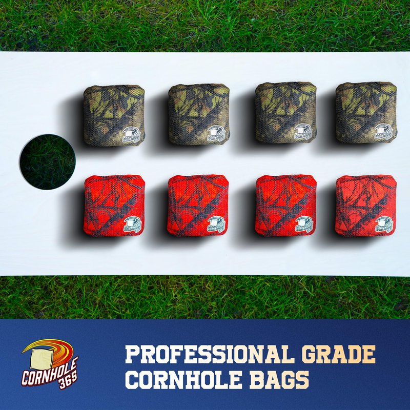 Cornhole365 Themed Cornhole Bags - 6"x6" All Weather Dual-Sided Slick & Stick - Plastic Resin Cornhole Bean Bag Filler & Suede - Dual Stitched for Sports Competition - Hunting Camo - Set of 8