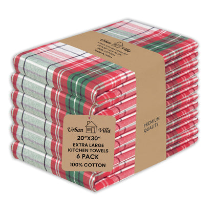 Urban Villa Christmas Kitchen Towels 100% Cotton Dish Towels for Kitchen (Set of 6) 20”x30” Dish Cloths Absorbent Kitchen Linen Set with Hanging Loop Perfect for Drying Dishes Cleaning – Christ Check