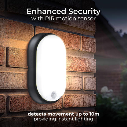 Luceco Eco Outdoor LED Bulkhead Light with PIR Motion Sensor, Decorative Exterior Lighting, Oval, Black, IP54, 10W, 700lm, 4000K, EBEO10P40