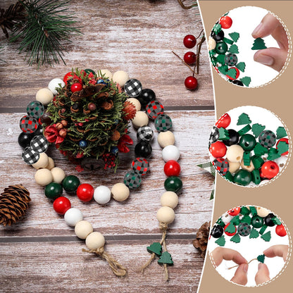 Junkin Christmas Wooden Bead Kit: 201 Pcs - 0.63 Inch Buffalo Plaid & 0.47 Inch Christmas Tree Shaped Beads with 6.6 Feet Natural Cord for DIY Garlands & Jewelry