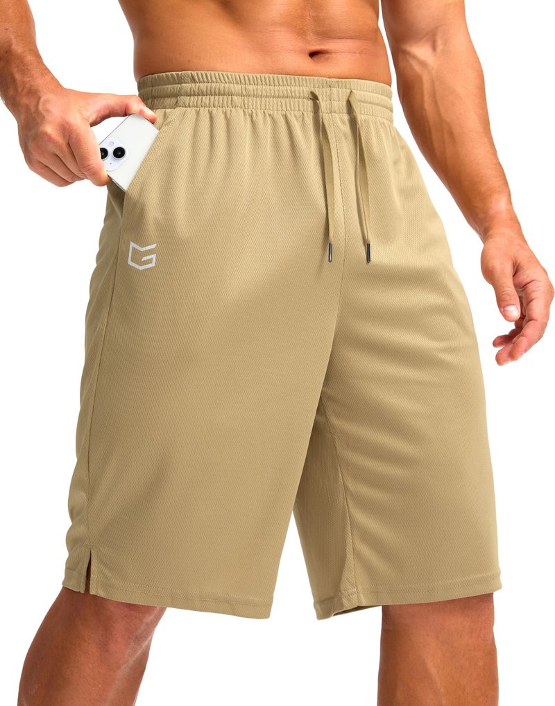 G Gradual Men's Athletic Shorts with Pockets 9" / 11" Long Basketball Shorts Lightweight Quick Dry Gym Workout Shorts for Men(Khaki,M)