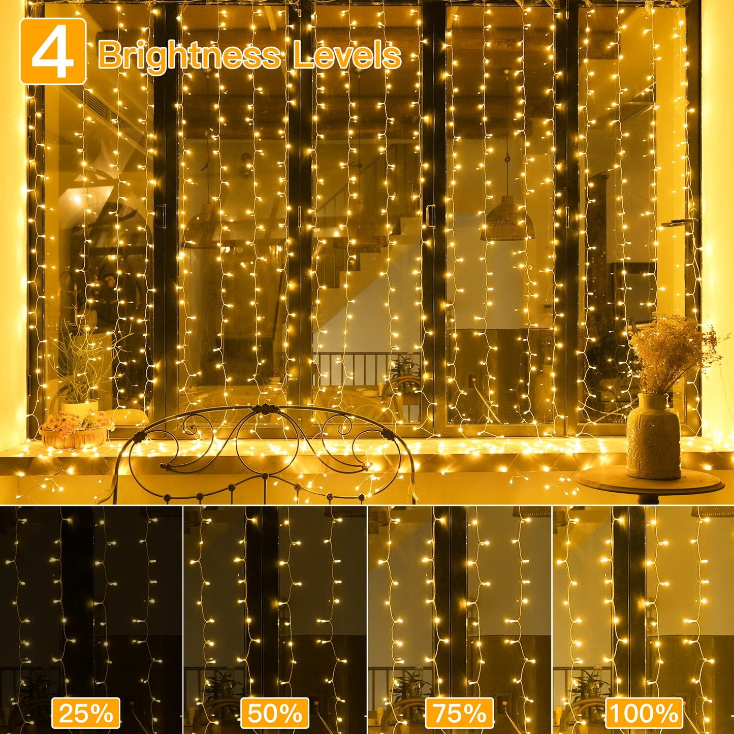 Ollny Curtain Lights Indoor, 300 LED 3m x 3m Fairy Lights USB Powered, Waterproof Warm White String Light with 8 Modes/Timer/Remote, Bedroom/Wall/House/Garden Decorations
