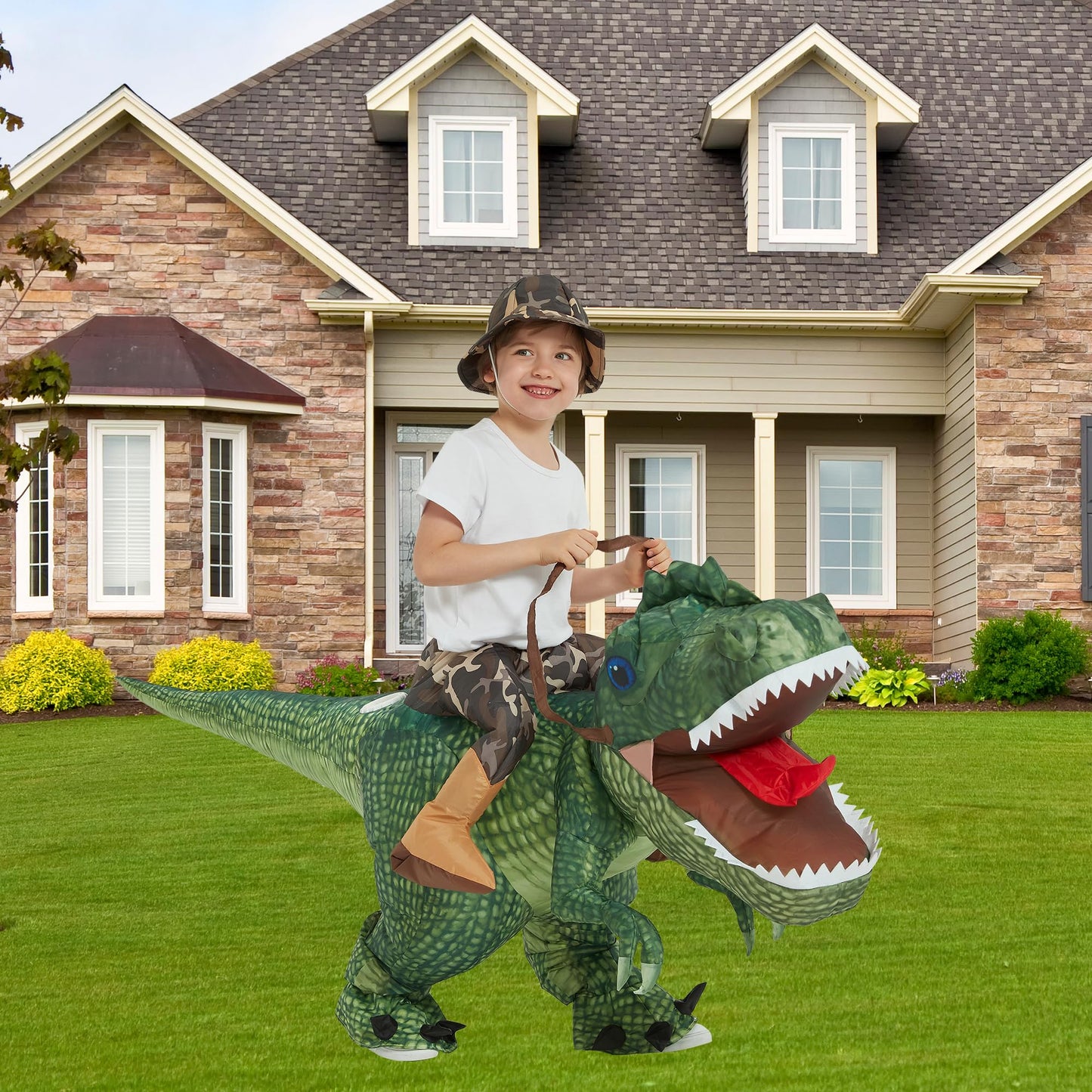One Casa Inflatable Dinosaur Costume Riding T Rex Air Blow up Funny Party Halloween Costume for Kids (4-6 Yrs)