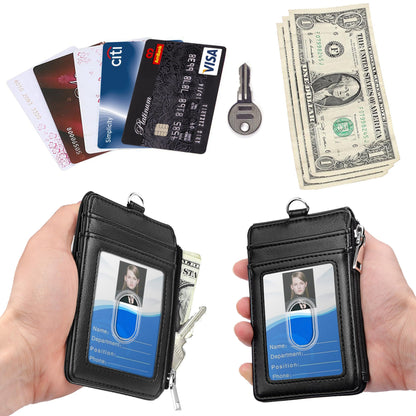 ELV Badge Holder with Zipper, PU Leather ID Badge Card Holder Wallet with 5 Card Slots, 1 Side RFID Blocking Pocket and 20 inch Neck Lanyard Strap for Offices ID, School ID, Driver Licence (Black)