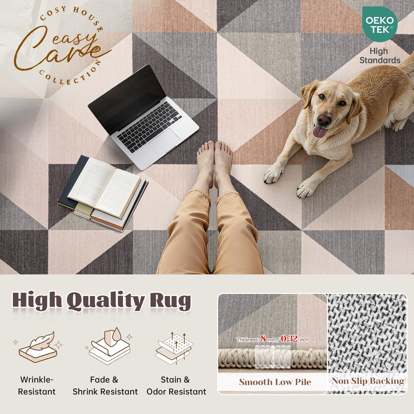 Washable Rug 8x10 Area Rugs: Modern Geometric Area Rug for Living Room Non-Slip Neutral Soft Carpet Low Pile Stain Resistant Indoor Rugs for Bedroom Nursery Dining Room Office (Beige Brown, 8'X10')