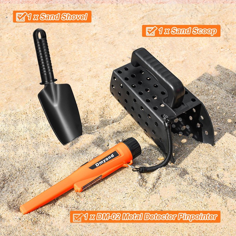 Dmyond Metal Detector Pinpointer & Accessories - IP68 Full Waterproof Handheld Pin Pointer Wand with 3 Modes - Includes Sand Sifter Scoop and Shovel for Beach Digging, Treasure Hunting