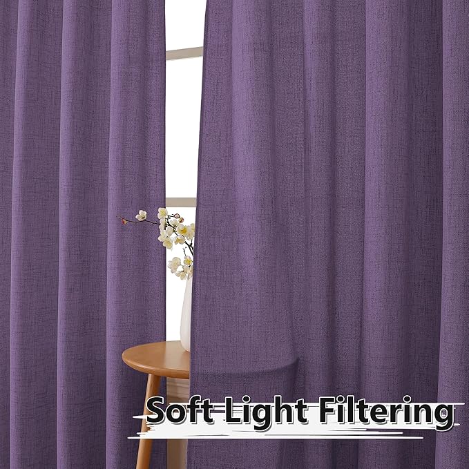 Tollpiz Linen Curtain Living Room Rod Pocket Semi Sheer Curtains Burlap Light Filtering Thick Linen Drape for Bedroom, 54 x 72 inches Long, Royal Purple, Set of 2 Panels