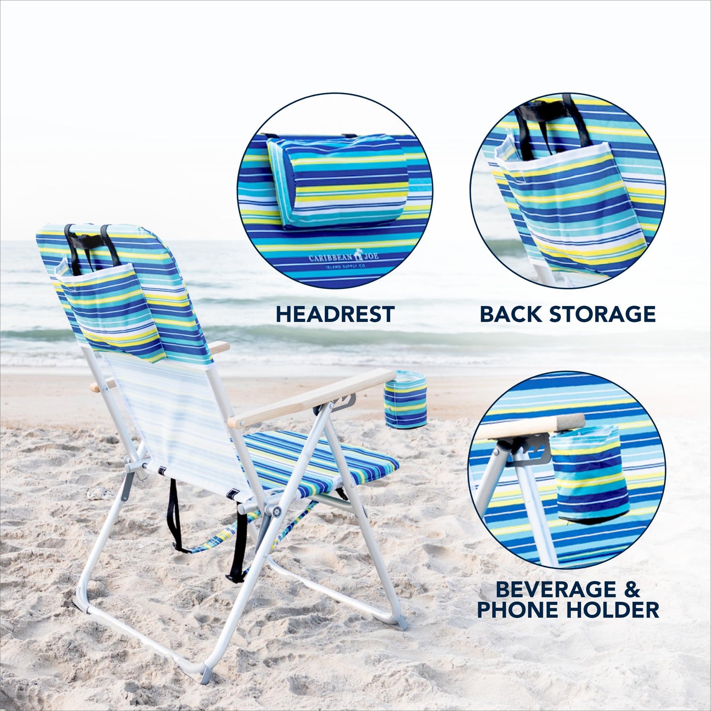 Caribbean Joe Folding Beach Chair, 4 Position Portable Backpack Foldable Camping Chair with Headrest, Cup Holder, and Wooden Armrests, Blue and Lime Stripe