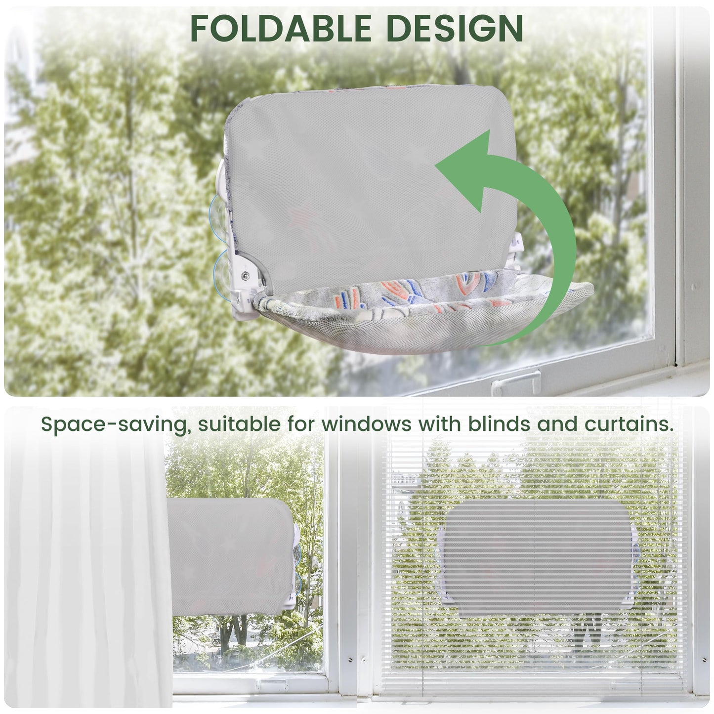 HiPetpy 2 Pack Cat Window Perch, Glow in The Dark Foldable Cat Hammock with Sunken Design & Removable Soft Cover, Breathable Cordless Window Bed for Resting Indoor Kitten (Shallow Perch, 2 Pack - M)