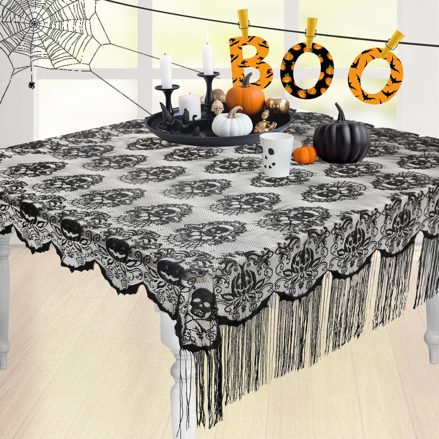 OWENIE Halloween Tablecloth, Skull Lace Fabric Tablecloths with Tassel, Black Pumpkin Table Cloths Table Cover for Rectangle Tables for Parties Gothic Halloween Home Decorations, 52x52 Inch