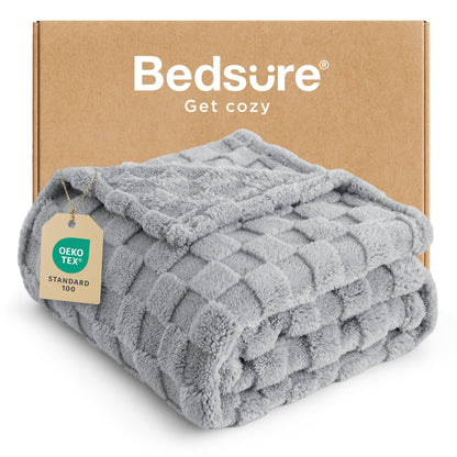 Bedsure Fleece Throw Blanket for Sofa - Soft Cosy Checkered Blankets for Women and Girls, Fluffy Warm Single Throw for Bed, Grey, 127x152 cm