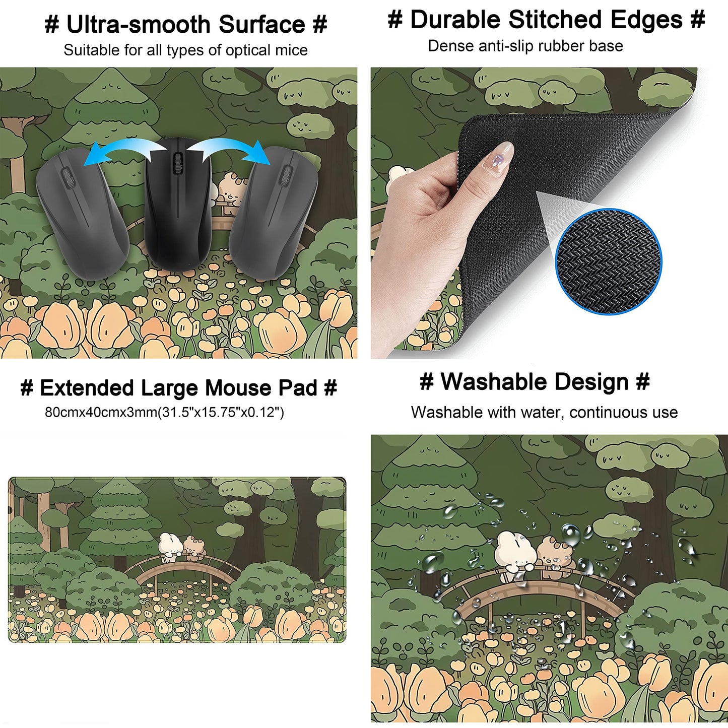 Anime Forest Desk Mat,Cute Green Mouse Pad,Kawaii Aesthetic Full Desktop Pad XXL Gaming Mousemat XL, Extended Korean Animals Bear Bunny Keyboard Mat Large 31.5x15.7 Inch Non-Slip&Stitched Edges