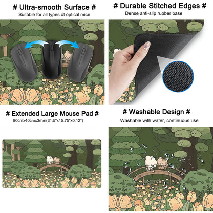 Anime Forest Desk Mat,Cute Green Mouse Pad,Kawaii Aesthetic Full Desktop Pad XXL Gaming Mousemat XL, Extended Korean Animals Bear Bunny Keyboard Mat Large 31.5x15.7 Inch Non-Slip&Stitched Edges