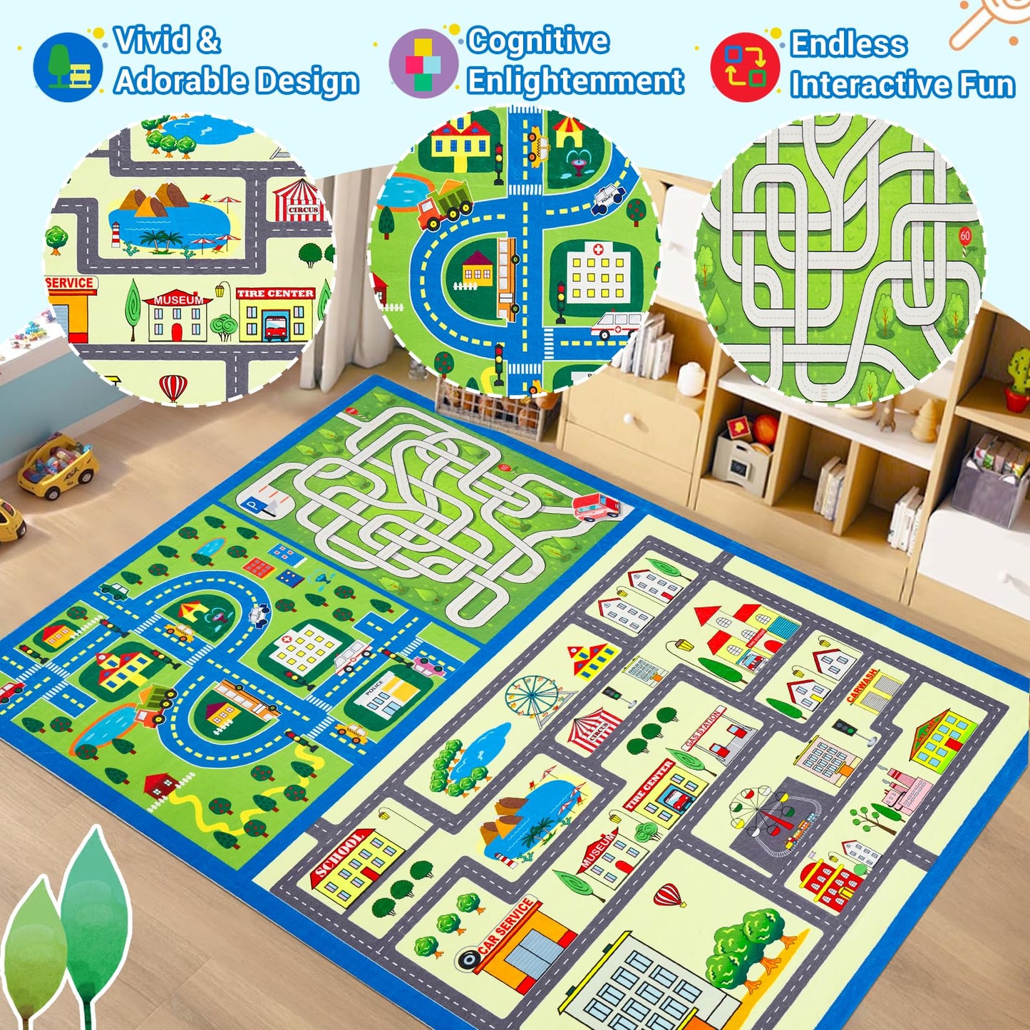 GarveeHome Washable Kids Rug 8x10 ft Kids Carpet Play Mat Car Play Rug, City Life Traffic Road Large Children Educational & Game Area Rug for Toddler Boys Girls Bedroom Playroom Classroom Nursery