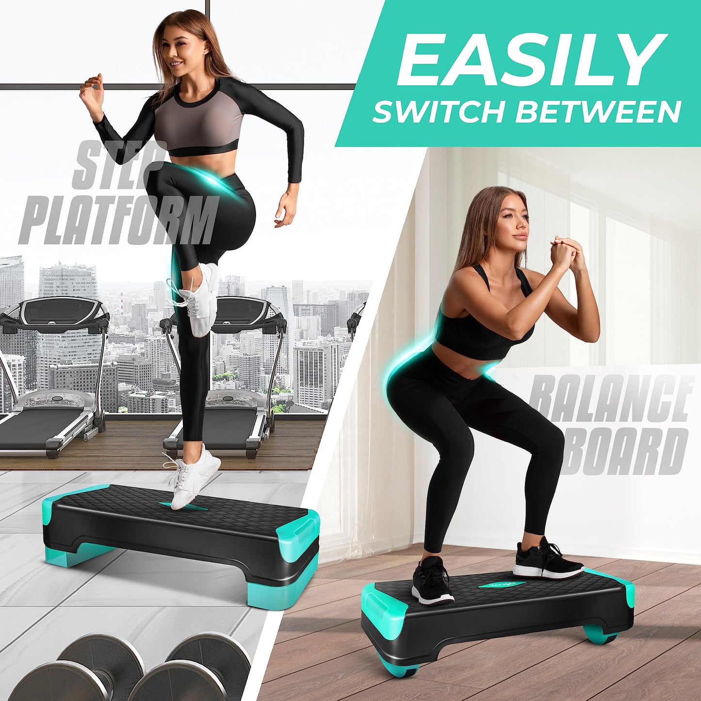 Yes4All 2-in-1 Adjustable Aerobic Step Platform Fitness Exercise Stepper with Rocker Balance Board Legs for Home Workout, Step Exercise & Balance Training