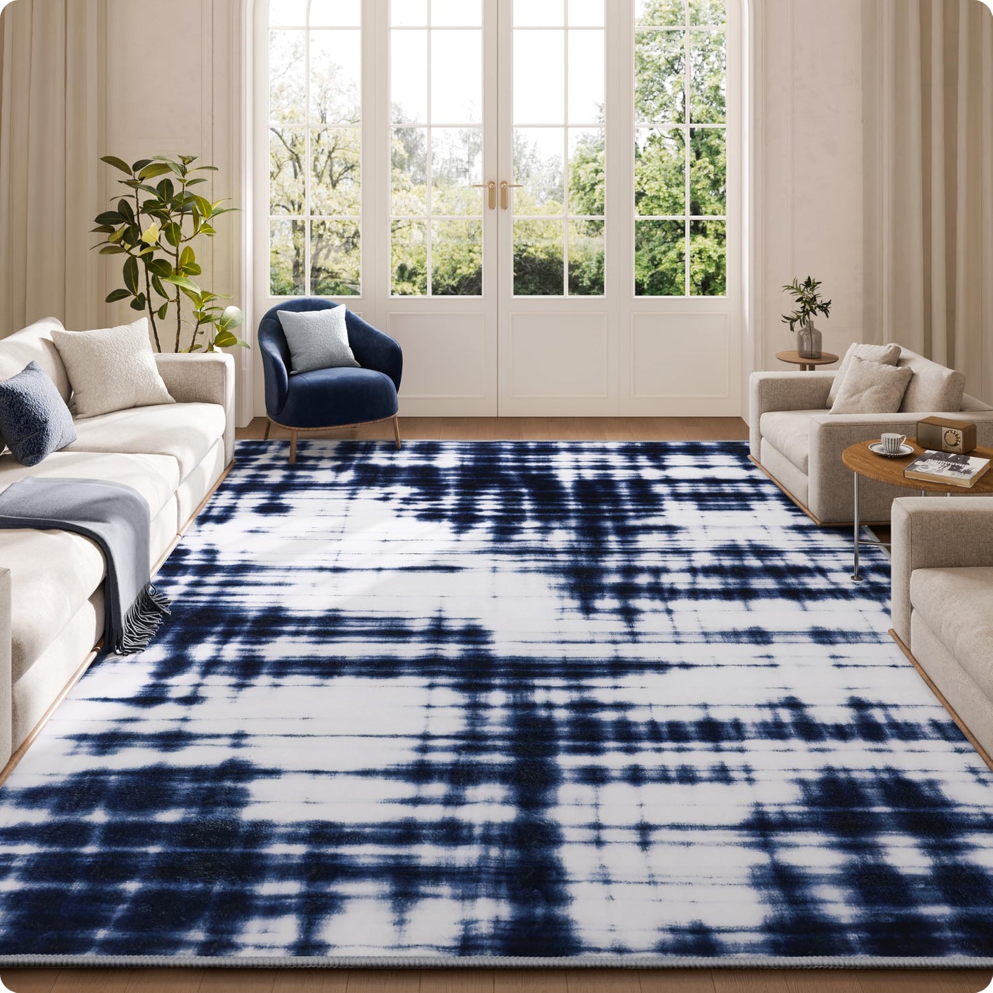 Clemile Modern Area Rug 8x10 - Non-Slip Washable Rug Living Room Carpets - Soft & Stain Resistant Rug for Home Bedroom Dining Room Home Office Indoor Nursery Blue and White