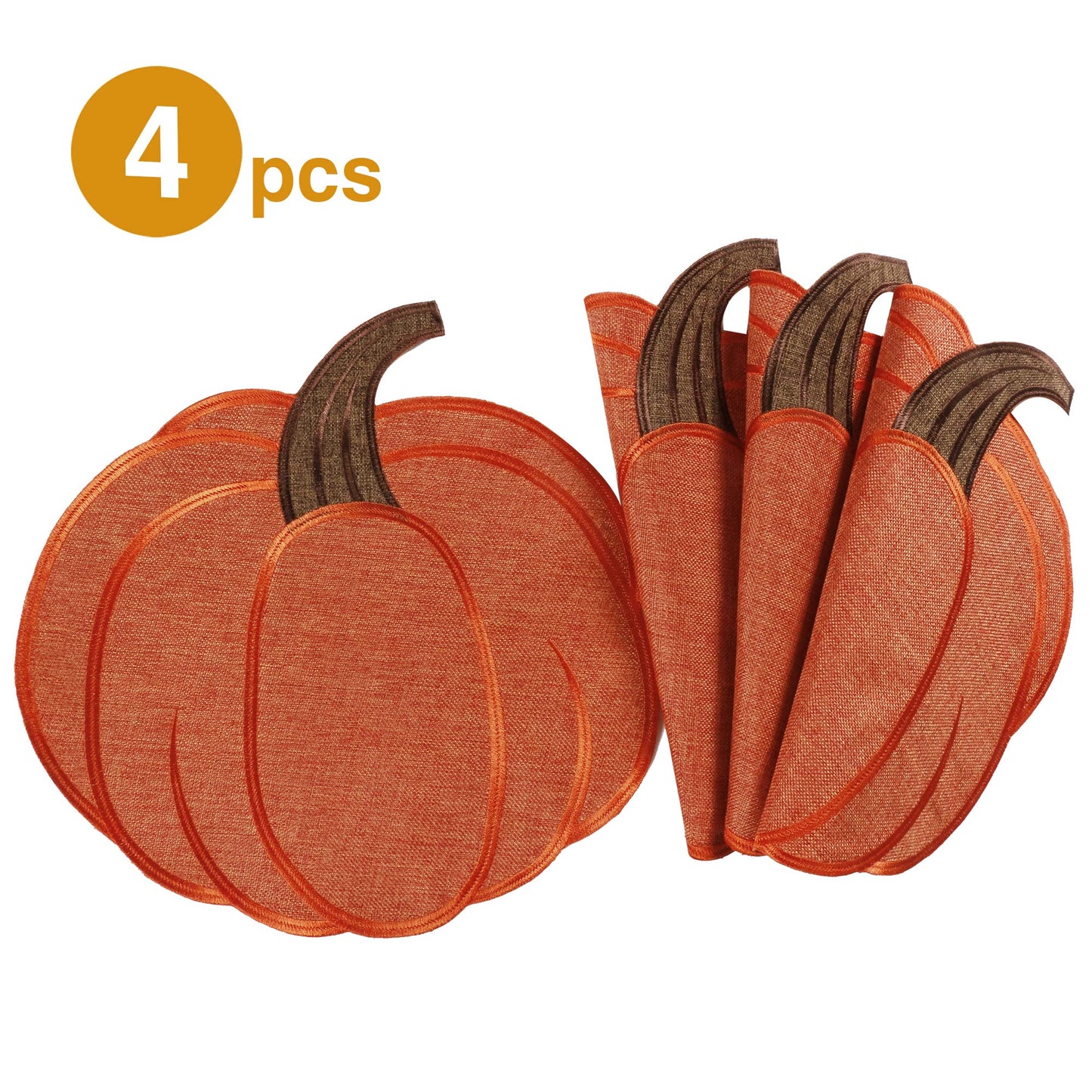 OWENIE Thanksgiving Harvest Pumpkin Placemats 15 x 15 Inch, Set of 4, Embroidered Diecut Place mats, Fall Autumn Home Decorations, Orange Table Mats for Halloween Kitchen Dinning Room, 15 Inch Round