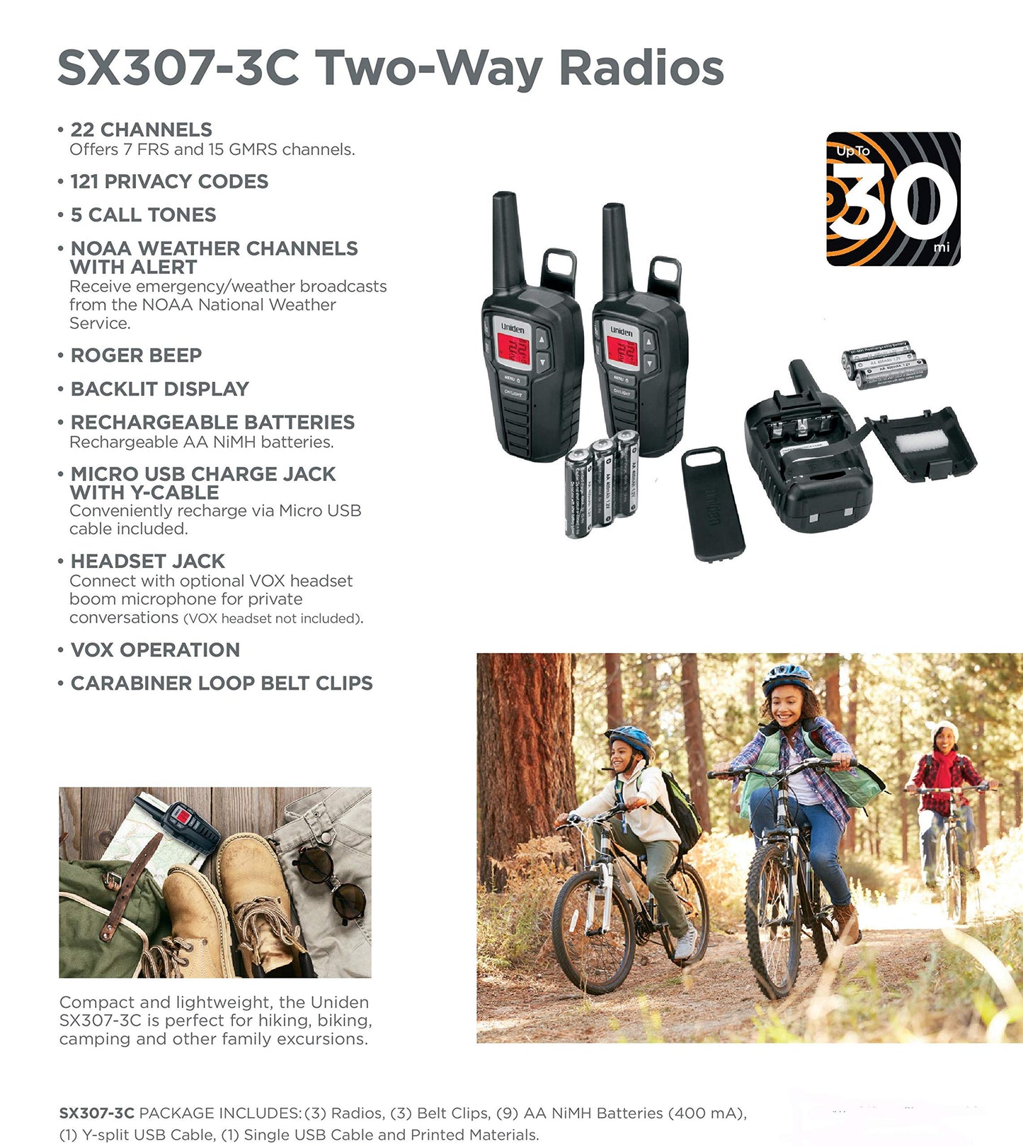 Uniden SX307-3C FRS 3-Pack, Up to 30-Mile Range, Walkie Talkies, 22-Channel FRS 2-Way Radios - Black