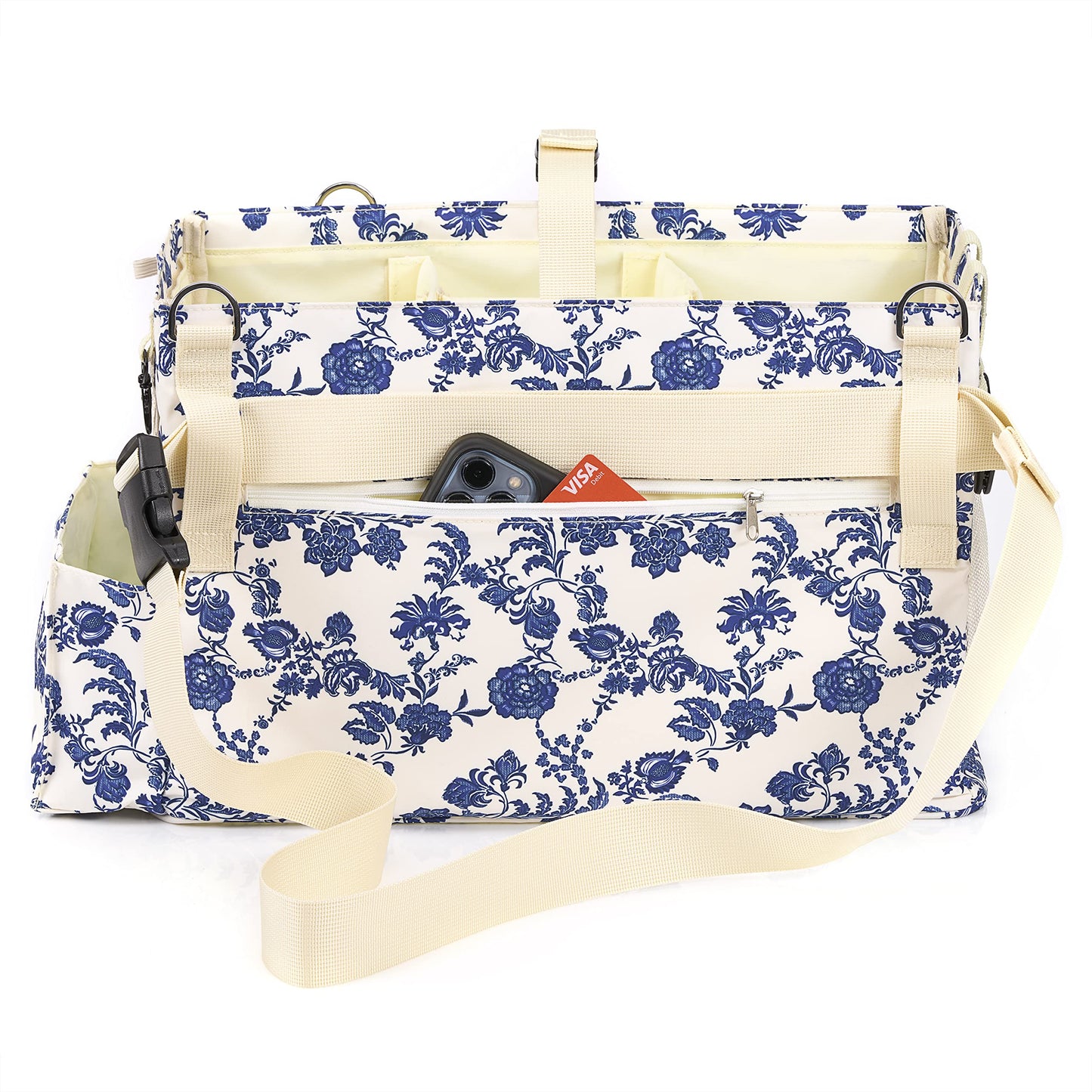 FifthStart Multiuse Large Blue Floral Diaper Caddy with Waist, Shoulder Strap, 9 Pockets, Mesh Base, and Adjustable Compartments