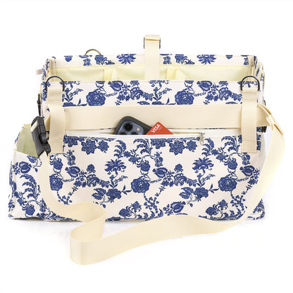 FifthStart Multiuse Large Blue Floral Diaper Caddy with Waist, Shoulder Strap, 9 Pockets, Mesh Base, and Adjustable Compartments