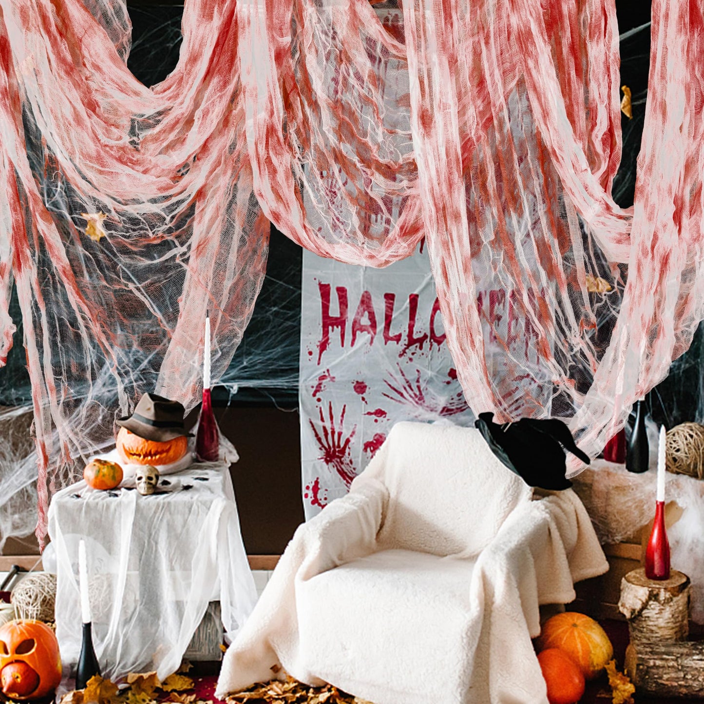 Watayo 315 x 85 Inch Halloween Creepy Blood Cloth - Scary Spooky Cloth with Bloody Prints - Windows Doorways Cover Gauze for Halloween Party Haunted House Decorations