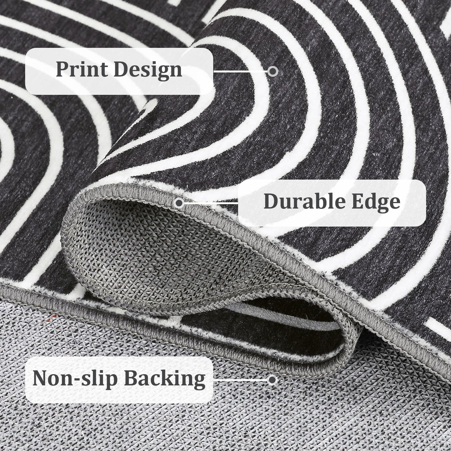 ROYHOME Washable Rug 5x7 Area Rugs for Living Room, Abstract Rug for Bedroom, Soft Rainbow Non Slip Throw Rugs with Rubber Back, Low Pile Stain Resistant Boho Geometric Carpet for Dining Room, Black