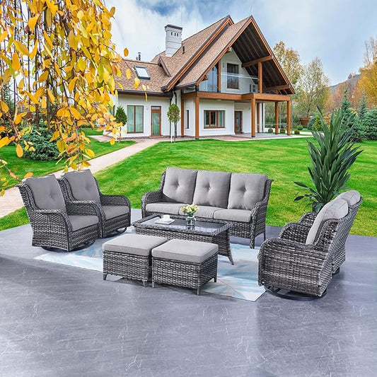 Rilyson Wicker Patio Furniture Set - 8 Piece Rattan Outdoor Sectional Conversation Sets with 4 Swivel Rocking Chairs,2 Ottomans,1 Sofa and 1 Coffee Table for Porch Deck Garden(Mixed Grey/Grey)