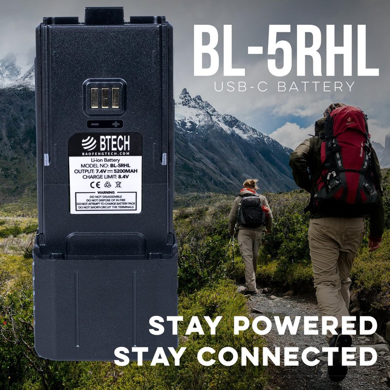 BTECH BL-5RHL 5200mAh USB-C Charging Li-ion Battery Pack, OEM Original Capacity Battery for BaoFeng BF-F8HP PRO and BL-5RH Series Radios