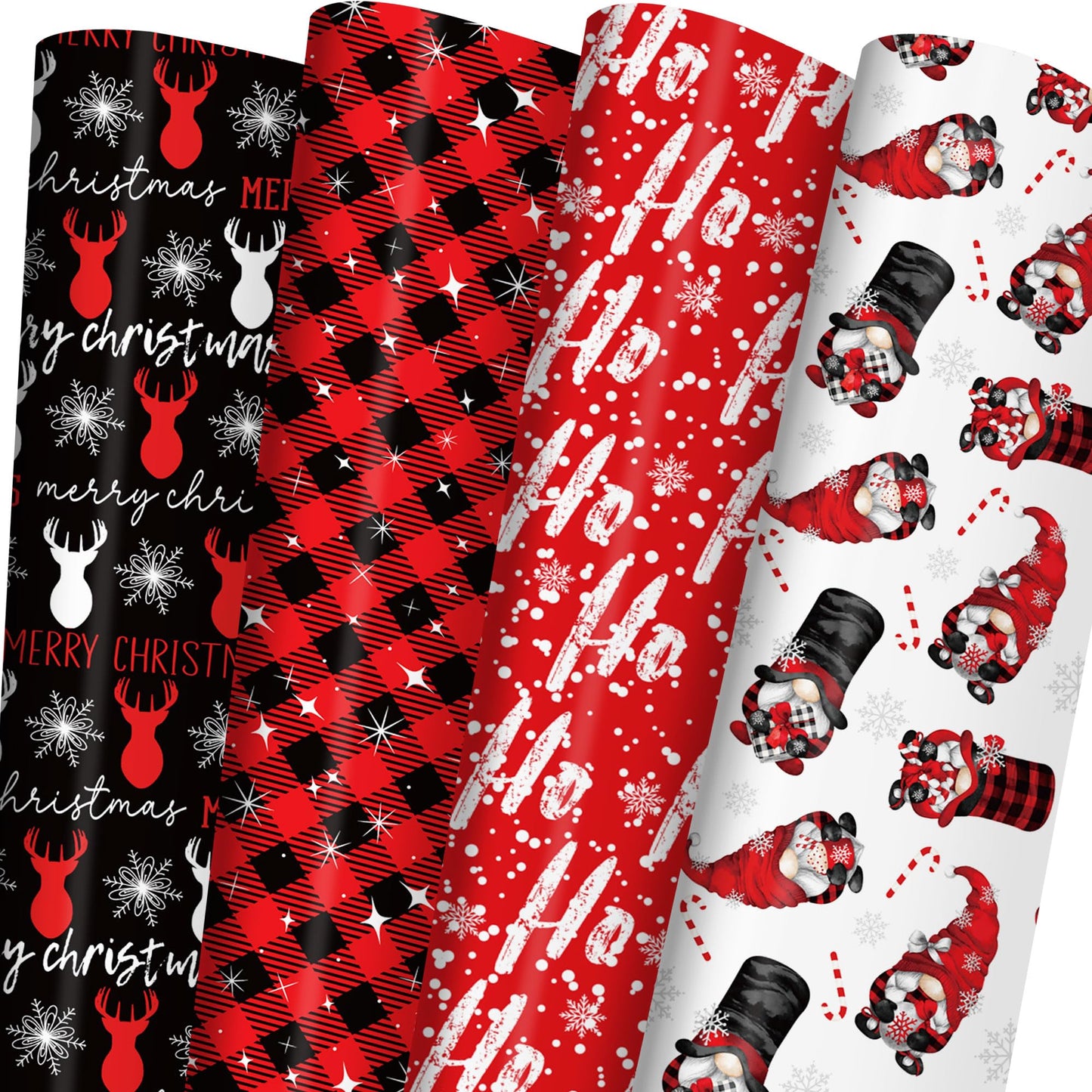 ZINTBIAL Christmas Wrapping Paper for Kids Adults - Xmas Wrapping Paper with Red/Black Plaid, Reindeer, Gnome, “Ho Ho” Words - 28 x 40 Inches, 6 Jumbo Sheets, Easy to Store