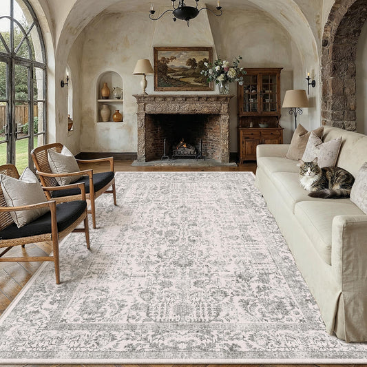 PureCozy Gray Area Rug 8x10 Machine Washable Large Vintage Living Room Distressed Non Slip Carpet Traditional Indoor Bedroom Grey Retro Floral Accent Throw Rug for Office Kitchen Dining Room