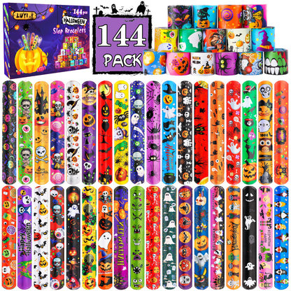 LUYI 144 PCS Halloween Slap Bracelets，Halloween Party Favors Supplies for Kids-108 Different Designs Bracelets Bulk for Halloween Decorations Treat Toys Bag Stuffers Gift for Kids Girls Boys