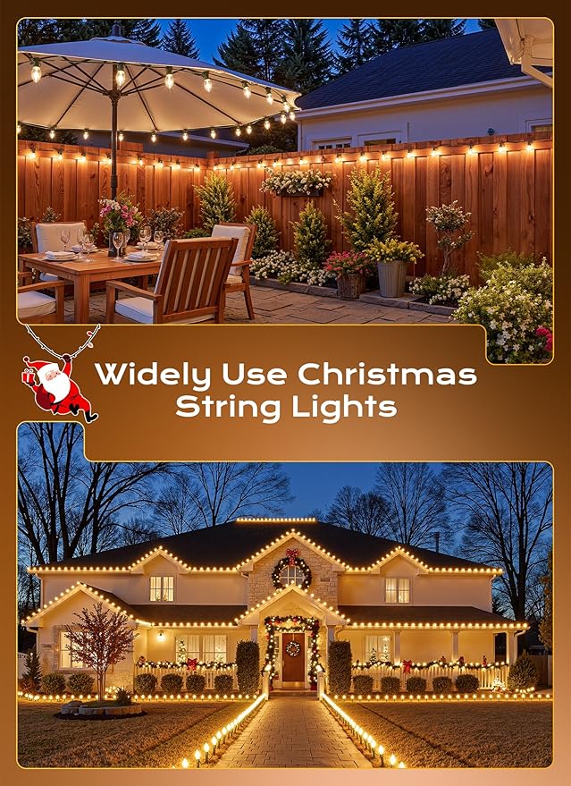 C9 Christmas Lights Outdoor, 100 FT 100 LED Vintage Warm White C9 String Lights Connectable for Christmas Tree Roofline Patio Garden Backyard Holiday Party Indoor Outdoor Decoration, Green Wire