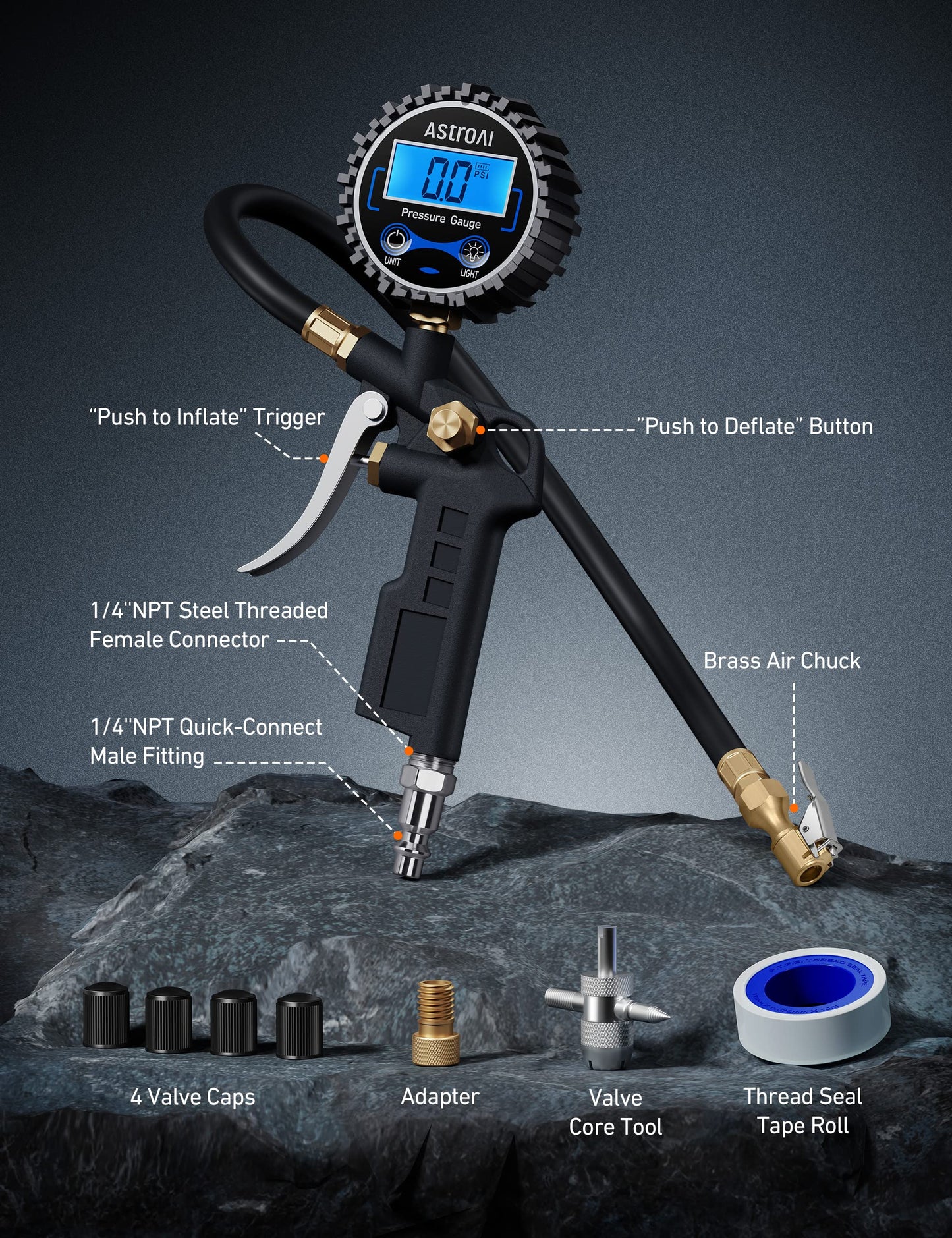 AstroAI Digital Tire Pressure Gauge with Inflator, 3-250 PSI Air Chuck & Compressor Accessories Heavy Duty with Quick Connect Coupler, 0.1 Display Resolution (Standard with Case)