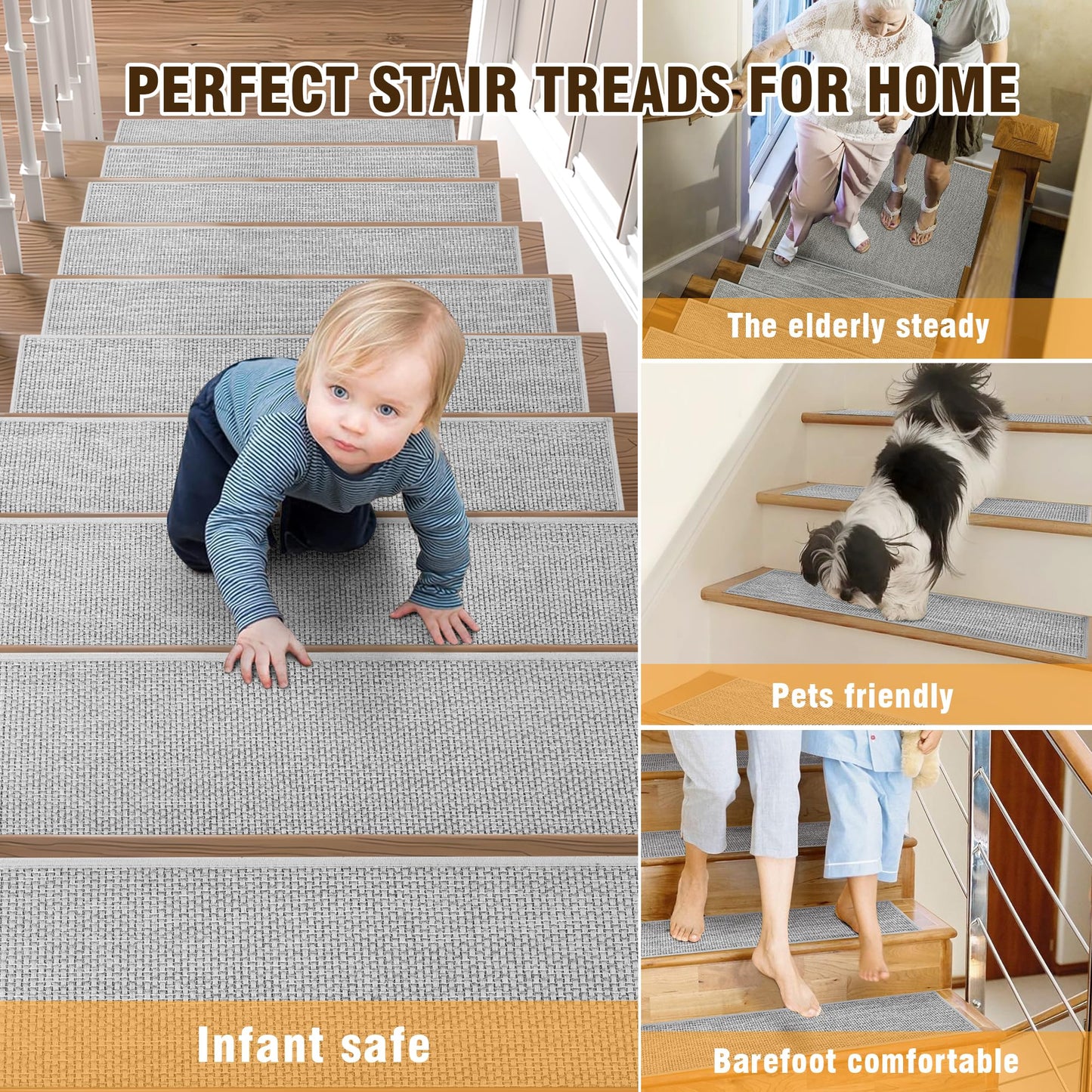 Deerly Linen Stair Treads Non Slip 15pcs Stair Runner for Wooden Steps Peel and Stick Stairs Carpet Treads Indoor Staircase Covers Mat with Self-Adhesive Backing for Pets and Kids 8"X30" Grey