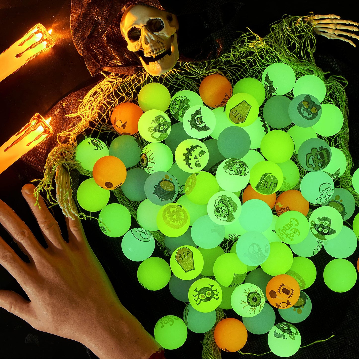 JOYIN 100 PCS Halloween Glow in The Dark Bouncing Balls, 20 Designs Halloween Theme Glowing Bouncy Balls for Halloween Party Supplies, Party Favors, Trick or Treating Goodies