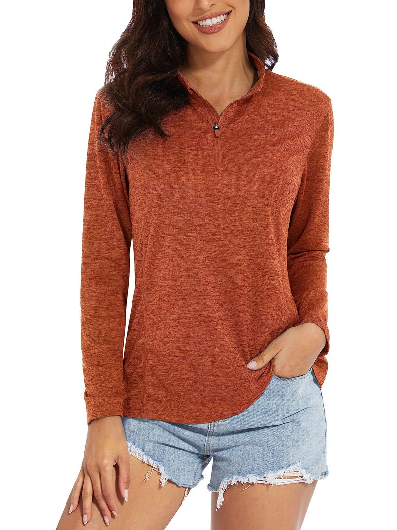 MAGCOMSEN Hiking Shirts Women 1/4 Zip Long Sleeve Shirts Dry Fit Tops Women Athletic Running Sun Shirts Dark Orange M