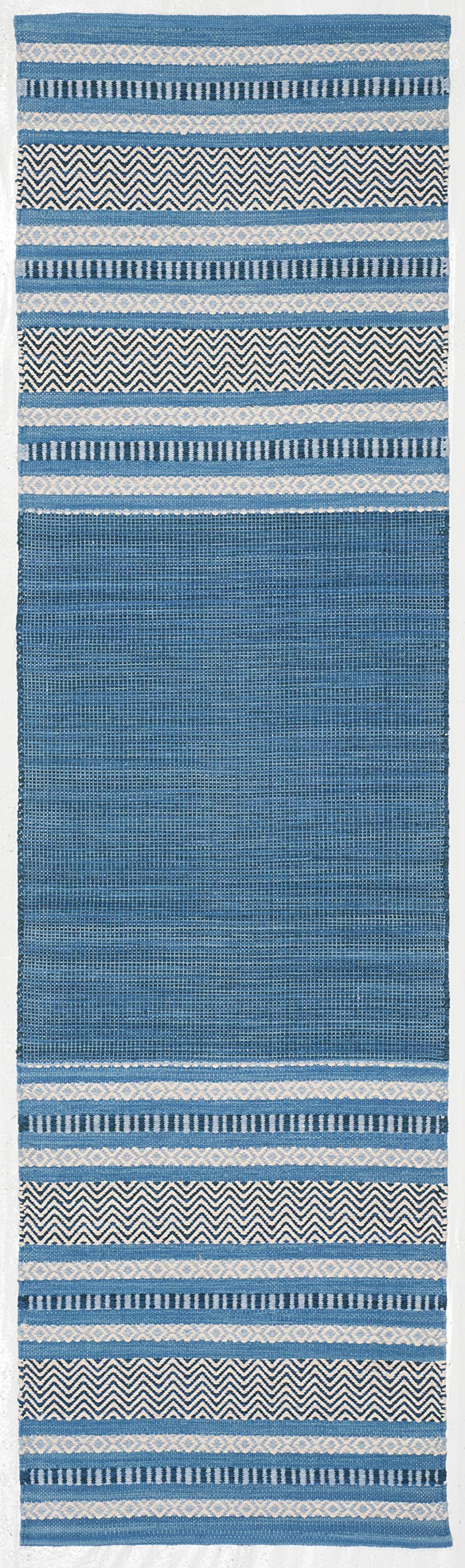 SAFAVIEH Montauk Collection Runner Rug - 2'6" x 12', Blue & Grey, Handmade Flat Weave Stripe Cotton, Ideal for High Traffic Areas in Living Room, Bedroom (MTK214A)
